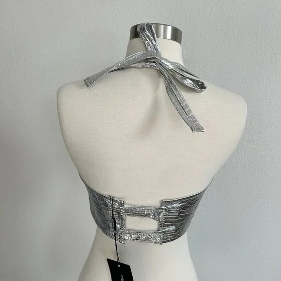 Pretty Little Things Bralette Silver Metallic Croc Halter Bustier NWT - Picture 3 of 12
